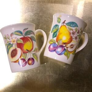 Pair of Royal Sutherland Fruit Motif Fine Bone China Gold Edge Coffee Mugs